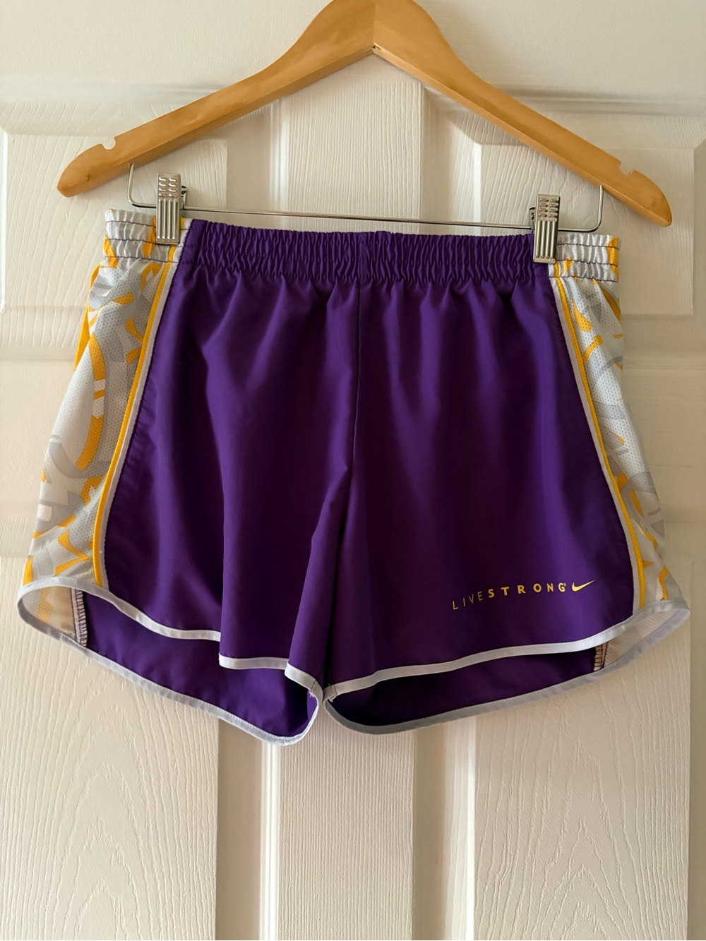 Nike Purple LIVESTRONG Athletic Running Shorts with Yellow & White Accents